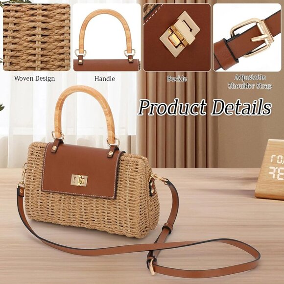 Women's Rattan Straw Crossbody Bag with Wood Handle Summer Beach Purse - Picture 3 of 6